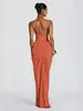 Vestido largo formal con cuello halter y escote en V profundo con atadura al cuello, diseño sin espalda, falso dos piezas, vestido cruzado drapeado de una pieza empalmada