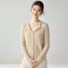 Estilo simples~ Cardigã de cashmere puro camada dupla gola V botões malha suéter modelagem justa canelado versátil casaco fabricante