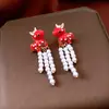 Brincos de Franja com Pingente de Pérola de Cavalo Gota de Óleo Agulha de Prata Novos Brincos do Ano do Zodíaco Estilo Chinês Design Único de Nicho