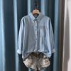 Design Sense Camisa Jeans de Algodão Lavado Bordada Gatinho Outono Nova Solta Combina com Tudo Camisa Sobreposta Casaco Mulheres