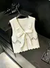 Chaleco de Punto con Lazo Fruncido Estilo Ballet Francés para Mujer, Top Corto sin Mangas en Capas con Flecos para Otoño
