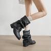 Em Estoque Entrega Imediata Novo Estilo Bico Redondo Salto Bloco Estilo Western Botas Curtas Macias com Cano Franzido, Botas Acamurçadas que Aumentam a Altura para Mulheres, Verão