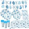 Suministros para fiesta populares transfronterizos con temática de conchas azules: mantel, platos de papel, vasos de papel, servilletas de papel, banderines, decoraciones para fiestas