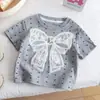 Camiseta de Moda de Verano 2026 para Niñas, Gris Estampada, Lazo Tridimensional, Manga Corta, Tendencia de Moda, Camiseta de Venta Caliente
