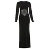 Vestido Sexy de Malla Negra Patchwork Plisado de Manga Larga Cuello Bajo para Mujer Primavera Otoño Adelgazante Bodycon Ceñido al Cuerpo Falda Larga