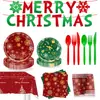 Platos de papel desechables, vasos, pancartas, manteles, decoraciones colgantes con tema navideño de copo de nieve rojo y verde, Feliz Navidad