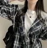 Chaqueta Camisa a Cuadros Retro de Estilo Coreano de Botones Sencillos para Mujer, Diseño Holgado, Sudadera con Capucha de Retazos de Manga Larga