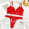 Conjunto de Lencería Sexy de Encaje Bordado con Escote en V Profundo Europeo y Americano Transfronterizo para Mujer Sujetador Ultra Delgado para Pechos Grandes que Muestra Pecho Pequeño Anti-Caída