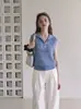 Chaleco de punto sin mangas con cremallera a media altura y diseño calado, mezcla de hilos, de alta gama, con solapa única, top para mujer súper elegante