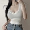 Coreia do Sul Dongdaemun Novo Produto Renda Pura na Borda ~ Camiseta Feminina Sexy de Manga Curta com Decote V e Toque Suave na Pele