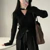 Enviado, talla actualizada: Suéter de punto coreano chic otoño/invierno, cuello en V, de un solo botón, manga larga, top tipo halter ajustado para mujer