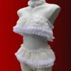 Lingerie Sexy, Estilo Suave e Doce, Uniforme de Três Peças Transparente, Desejo Puro, Renda Brincalhona, Conjunto de Top Tubo Estilo Bolo e Saia Curta