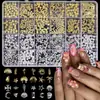 Caja Mixta de Joyería para Uñas Artísticas de 24 Compartimentos Transfronteriza, Remaches Dorados y Plateados, Estrellas tipo Starburst, Parches de Joyería para Uñas Artísticas de Aleación