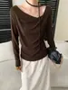 SINAN Otoño Nuevo Irregular Asimétrico Hombro Cuello Halter Cinta Ajustado Manga Larga Camiseta SN9373