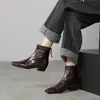 Botines marrones, punta cuadrada, tacón bajo, elegantes para otoño e invierno, tacón grueso, ajuste ceñido, forro de felpa, botines de estilo francés