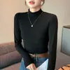 H337 Cómoda Camiseta Básica de Cuello Medio para Mujer, Tejido de Canalé de Cuello Medio, Elegante Top Cálido de Manga Larga para Otoño e Invierno