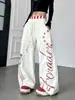 Calça Feminina de Cintura Dupla com Estampa de Listras de Letras Wide Leg Estilo High Street Americano Garota Picante Design Solto Versátil Casual Longa