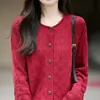 Cárdigan de punto jacquard hueco con cuello redondo de algodón puro para mujer, de un solo pecho, manga larga, corte holgado, adecuado para primavera y otoño, suéter de abrigo estilo vintage