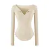 Estilo Ligeramente Maduro Elegante Cuello en V con Dobladillo Manga Larga Top Otoño/Invierno Capa Base Dobladillo Curvo Camiseta Base Adelgazante