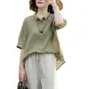 Camisa de Algodón con Cuello Polo Estilo Retro Nacional para Mujer, Conjunto Versátil de Top Bordado Holgado Adelgazante de Verano + Pantalones de Pierna Ancha para Mujer