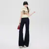 Jeans originales azules elásticos de tiro bajo acampanados para mujer, nuevo corte slim 2026, pantalones de pierna ancha que no se pegan.