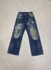 Jeans rectos de CH con estampado sánscrito de patrón cruzado, unisex, marca de tendencia estilo americano, pierna recta, corte holgado, pantalones largos de pierna ancha