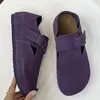Em Estoque Couro Roxo Solado Grosso Salto Escondido Cobertura Total Pesca Birkenstock Sapatos para Mulheres Fundo Plano Tira Única Sapatos Únicos