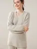 26 Novos Suéteres Femininos de Cashmere com Gola V, Soltos, Emagrecedores, de Comprimento Médio, Conjunto Versátil de Camada Base para Outono e Inverno
