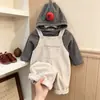 Colección de otoño de la marca auténtica Lemon: Lindo y elegante mono estilo coreano, camiseta de rayas debajo y sudadera con capucha - un conjunto de dos piezas de moda para niños y niñas