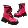 Tamanho 35-44 Grande Tamanho Cadarço Botas Femininas Outono e Inverno Botas Femininas de Couro Patenteado Modelo Martin Preto Cano Curto Impermeável Plataforma Salto Quadrado