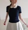 EGKA top de punto corto de manga corta con cuello de muñeca de punto trenzado en color de contraste para mujer, verano, corto, ajustado, favorecedor, hombro normal, ropa dulce