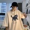Camiseta Pesada con Estampado de Gato para Hombre Verano Ropa Retro Americana Marca de Moda Diseño de Manga Corta Algodón Manga Cinco Puntos Moda
