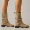 Botas de Moda Urbana Diaria para Mujer con Cordones Adelgazantes Otoño/Invierno Hebilla Metálica Botas de Media Caña Estilo Western para Mujer Tacón Grueso Retro