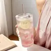 Canecas de Casal Mais Vendidas Alta Aparência Copo para Bebida Fria Suco Café com Tampa Canudo Grande Capacidade Copo de Vidro Listrado Copo de Água