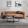 Sofá de Couro Genuíno para Sala de Estar, Linha Reta, Estilo Mid-Century, Couro de Cera de Óleo de Cinco Cabeças, Estilo Americano Vintage, Sofá na Cor Caramelo Envelhecido