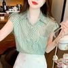 Camisa de Moda Estilo Occidental Asimétrica a Rayas para Mujer Verano Nueva Elegante Diseño Adelgazante Sentido Chifón Manga Corta Trendy