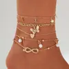 Temu Venta Caliente Tobillera de Playa con Perlas Colgante de Estrella de Cinco Puntas Mariposa Tobillera Multicapa de Carácter Lucky 8 Juego de 4 Piezas
