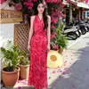 Elegante Vestido Largo sin Mangas con Estampado, Cuello Halter y Lazos Cruzados para Mujer, Estilo Vacaciones de Verano, Hombros Descubiertos con Abertura, Venta al por Mayor Transfronteriza
