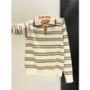 Suéter Polo de Punto Rayado Color Block Melanoid para Mujer Primavera Otoño Invierno Canalé Bloque de Color Ajuste Delgado Manga Larga Top Sencillo