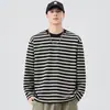 Feng She Roupa Masculina / Camiseta Masculina de Manga Longa Listrada Solta Gola Redonda Retrô Japonês Versátil Camada Base Pesada Roupa Íntima