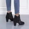 Botines de encaje de malla para mujer con tacón ultraalto, bloques de color, punta redonda y tacón grueso, comercio exterior europeo y americano 2023