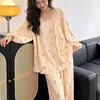 2026 Novo Pijama de Algodão e Seda Estilo Preguiçoso para Mulheres Conjunto de Pijama Pulôver Fino de Manga Curta Estilo Chinês Roupa de Casa Solta