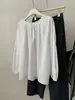 Camisa Babydoll Branca de Algodão Lavado estilo Coreano, Jovem, Gola Redonda, para Mulheres, Outono Nicho Retrô, Plissada, Manga Longa Bufante
