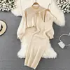 Vestido de Tricô Socialite Spice Girl Outono e Inverno Novo Gola Redonda Cintura Alta Manga Curta Bufante Conjunto de Duas Peças Saia Lápis