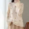 Suéter de punto redondo para mujer 2026 Otoño/Invierno, nuevo, 100% lana, con mangas largas y bordado floral colorido