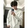Cleanfit Sudadera Versátil Flor Blanca Gris para Hombre Primavera y Otoño Peso Pesado Estilo Americano Manga Larga Camiseta Hombro Raglán Capa Interior Capa Base