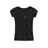 Camiseta amarilla de manga corta con cuello en V profundo, hombro retorcido y cintura ceñida para mujer, nuevo estilo coreano ajustado para el verano 2026