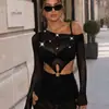 Mono Sexy Transparente de Malla Hueca con Pedrería de Manga Larga y Falda Corta Bodycon para Chica Atrevida Ajustado