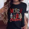 Moda Verão Feliz Natal Árvore de Natal Papai Noel Camiseta Casual Tendência de Manga Curta para Mulheres Estilo Europeu e Americano