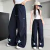 Calças Casuais Parachute Plissadas com Aplique de Estrela Estilo Americano para Meninas Unissex Verão Largas de Perna Reta Secagem Rápida Calças de Moletom Esportivas